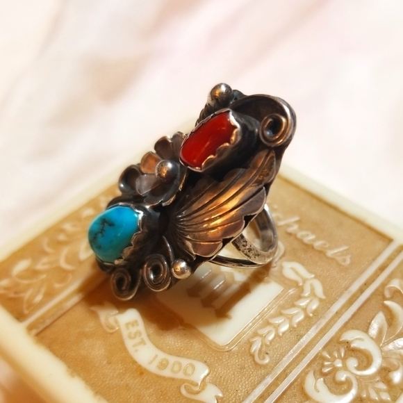 Navajo SIGNED JR RALPH JOHNSON Coral Turquoise Sterling Ring - Picture 5 of 8